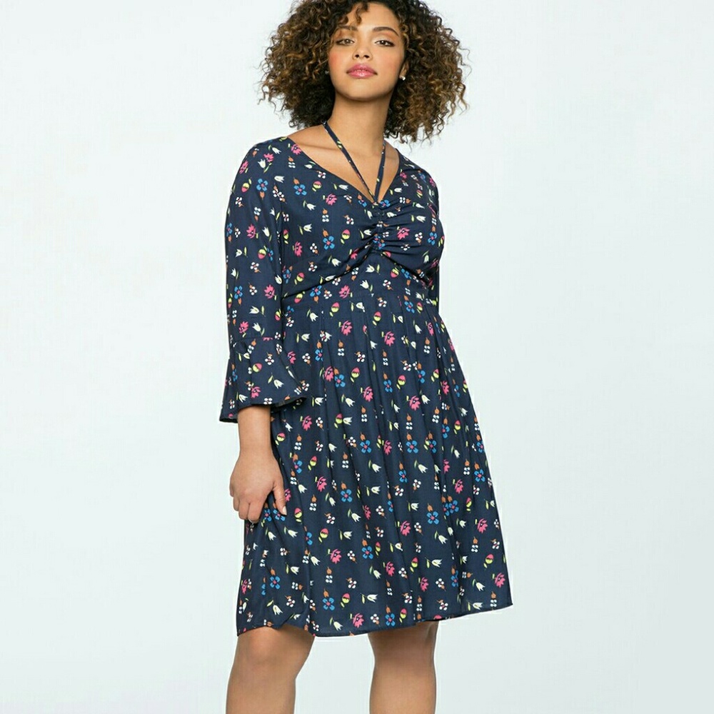 NWT Eloquii Floral Ruched Bust Flare Sleeve Dress